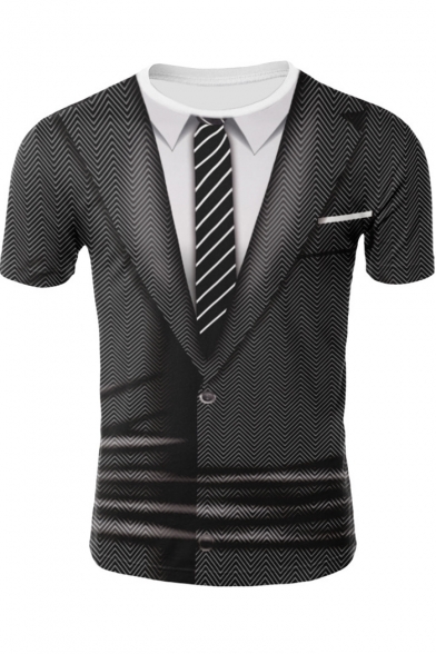 Funny 3D Blazer Pattern Basic Short Sleeve Round Neck Men's Fitted Black T-Shirt