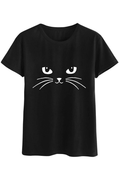 Funny Cat Pattern Round Neck Short Sleeve Black Leisure Tee