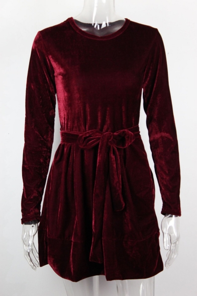 Girls Plain Round Neck Long Sleeve Tied Waist Mini Velvet A-Line Dress