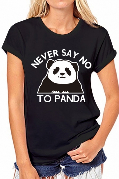 Short Sleeve Round Neck Letter NEVER SAY NO TO PANDA Cartoon Panda Printed Tee for Girls