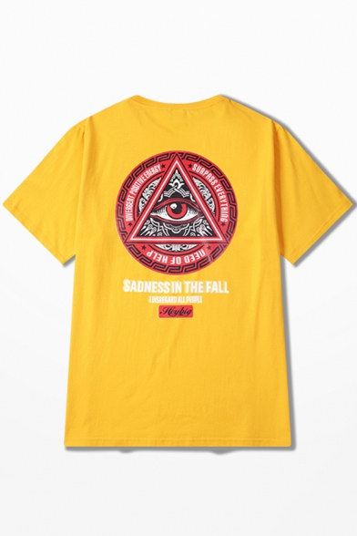 Men's Awesome Triangle Eye Letter SADNESS IN THE FALL Printed Round Neck Short Sleeve Cotton Loose Tee