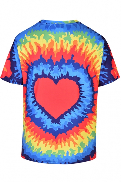 Men's Trendy Colorful Fire Tie Dye Heart Printed Round Neck Casual T-Shirt
