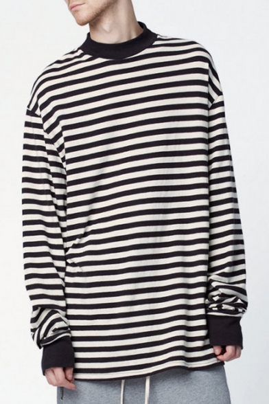 Mock Neck Long Sleeve Contrast Trim Classic Fashion Striped Printed Black Cotton Longline T-Shirt