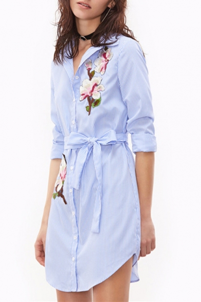 New Arrival Long Sleeve Lapel Collar Button Down Floral Printed Tunics Blue Shirt