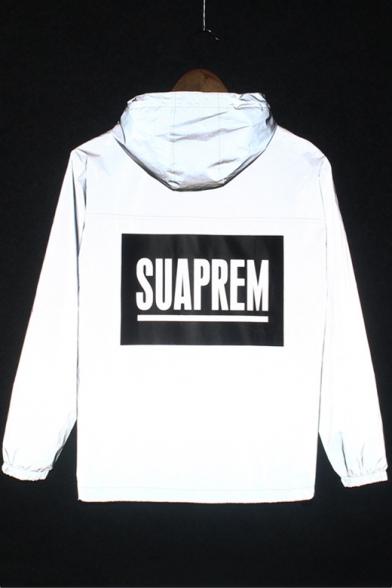 New Arrival Long Sleeve Unisex Zip Front Letter SUAPREM Printed Reflective Hooded Gray Coat