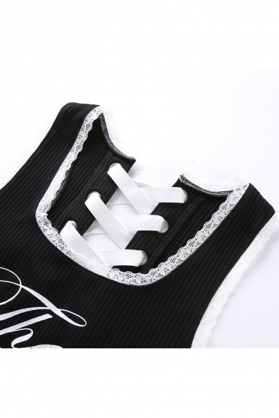 New Arrival Scoop Neck Sleeveless Letter Printed Lace Up Back Black Cropped Tee