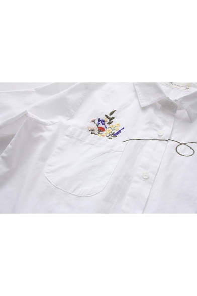 New Trendy Long Sleeve Lapel Collar Flower Embroidered Button Down Shirt