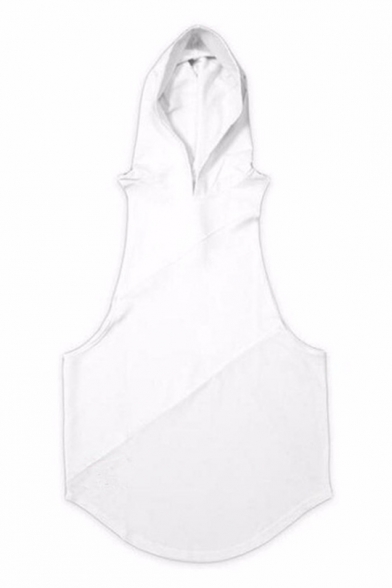 New Trendy Patchwork Sleeveless Hooded Simple Plain Round Hem Bodybuilding Loose Vest Top for Men