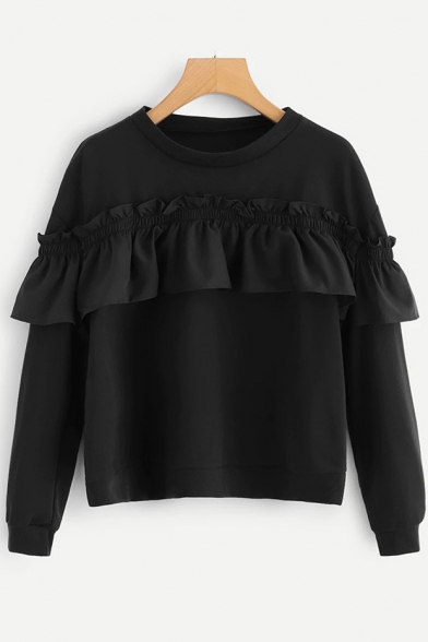 Solid Casual Long Sleeve Round Neck Ruffle Detail Black Sweatshirt