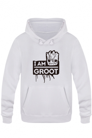 Stylish Cartoon Letter I AM GROOT Print Regular Fitted Pullover Hoodie for Men