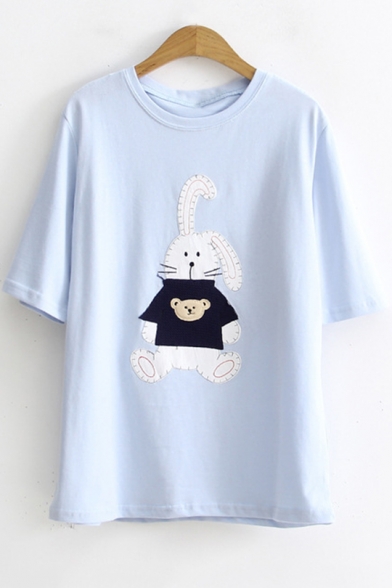 Summer Cute Cartoon Rabbit Patched Short Sleeve Loose Fitted T-Shirt