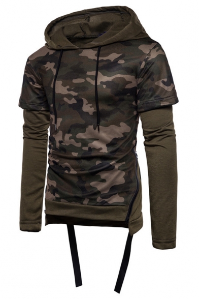 Unique Cool Camo Pattern Layered Patched Long Sleeve Zip-Embellished Side Ribbon Hem Fitted Cotton Hoodie