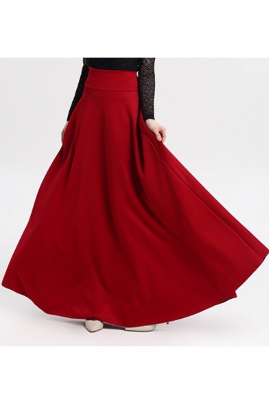 Women's Basic Simple Plain High-Rise Maxi Pleated Skirt