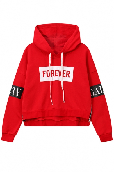 Women's Stylish Letter FOREVER Print Long Sleeve Zip-Embellished Side Pullover Hoodie