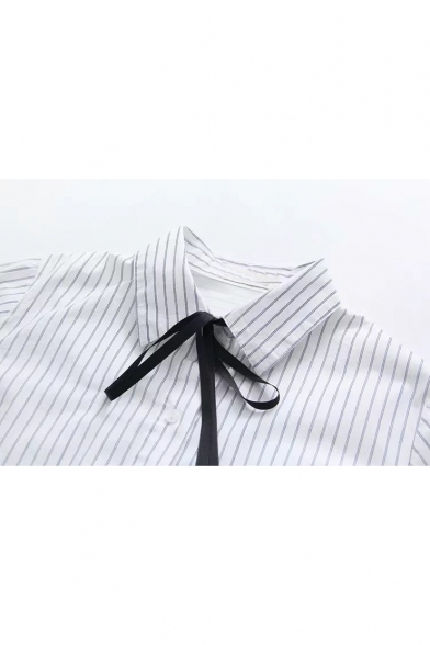 Bow-Tied Lapel Collar Flared Cuff Long Sleeve White Striped Button Down Shirt