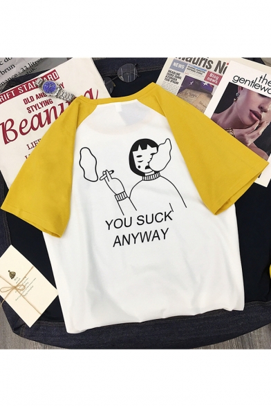 Cartoon Smoking Girl Letter YOU SUCK ANYWAY Colorblock Cotton Loose T-Shirt