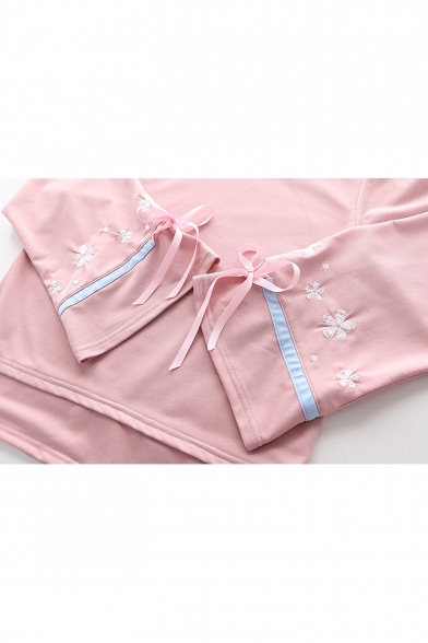 Chic Floral Embroidered Bow-Tied Cuff Long Sleeve Round Neck Loose Fit Pullover Sweatshirt