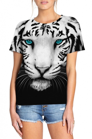 Cool 3D Tiger Pattern Basic Crewneck Short Sleeve Black and White T-Shirt