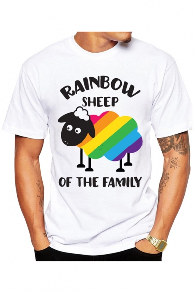 Cute Cartoon Letter RAINBOW SHEEP OF THE FAMILY Print Crewneck White T-Shirt for Men