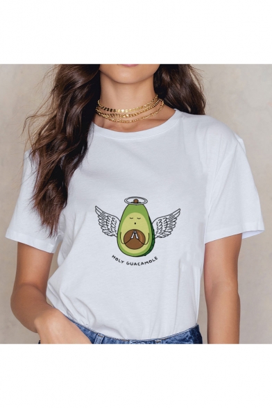Funny Letter HOLY GUACAMOLE Avocado Printed Short Sleeve Round Neck Popular White Tee