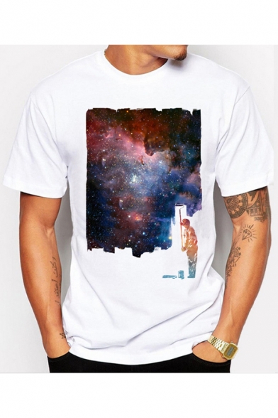 Funny Painted Galaxy Printed Classic-Fit Short Sleeve T-Shirt in White