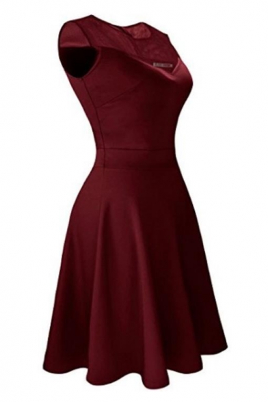 Hot Popular Mesh-Insert Round Neck Sleeveless Plain Mini A-Line Dress