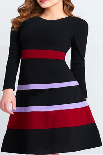 Long Sleeve Round Neck Striped Midi Black A-Line Dress