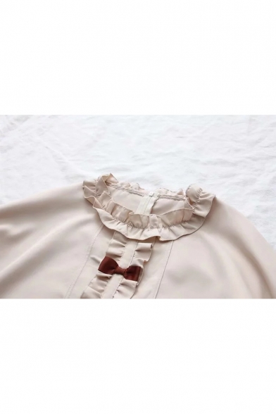 Khaki Long Sleeve Ruffle Round Neck Bow Embellished Button Down Leisure Shirt