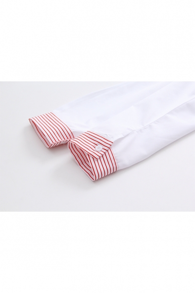 Lovely Cartoon Rabbit Print Pocket Chest Striped Lapel Collar Long Sleeve Button Shirt