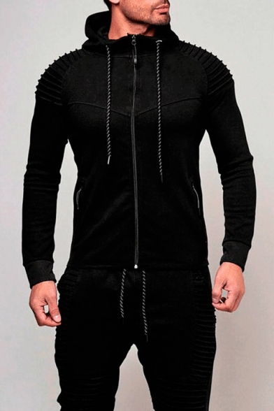 Men's Outdoor Sports Fashion Pleated Shoulder Long Sleeve Slim Fitted Plain Zip Hoodie