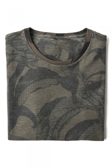 Men's Simple Round Neck Short Sleeve Retro Green Camouflage Print Casual T-Shirt