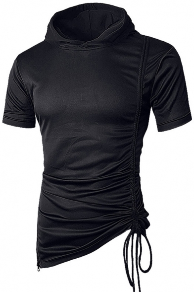 Men's Unique Drawstring Ruched Side Short Sleeve Basic Solid Slim Fitted Hoodie