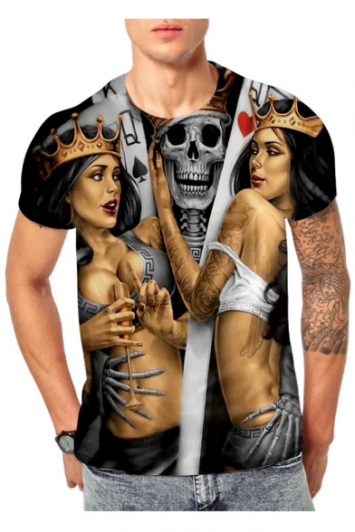 New Stylish Men's 3D Cool Sexy Beauty Skull Poker Printed Black Fitted T-Shirt