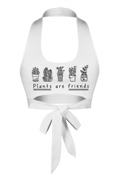 New Stylish White Halter Neck Letter PLANTS ARE FRIENDS Printed Cut-Out Tied Front Crop Tank Top