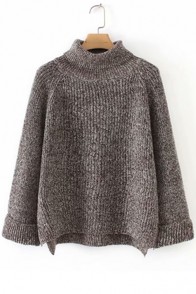 Plain Long Sleeve Turtleneck High Low Cozy Plush Sweater