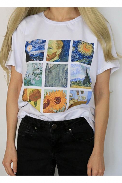Popular Van Gogh Oil Painting Print Round Neck Short Sleeve White T-Shirt