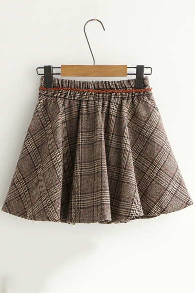 Retro Khaki Plaid Printed Elastic Tied Waist Mini A-Line Skirt for Students