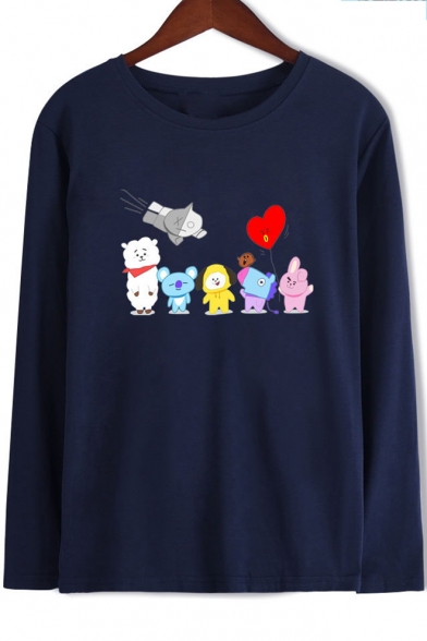 Round Neck Long Sleeve Cartoon Pattern Casual Loose Fitted T-Shirt