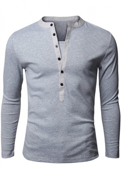 Stylish Patched Button V-Neck Long Sleeve Simple Plain Fitted Henley Shirt