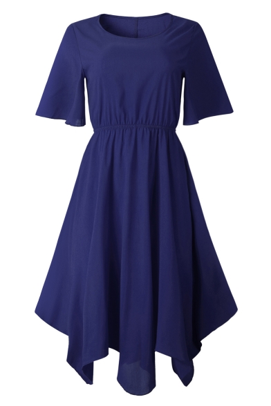 Summer Plain Round Neck Short Sleeve Elastic Waist Midi Asymmetrical Dress