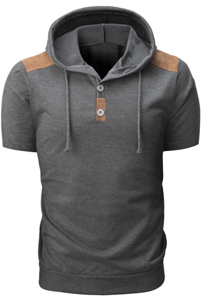 Unique Short Sleeve Contrast Patched Shoulder Button Embellished Front Casual Hoodie