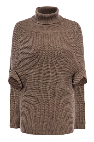 Warm Long Sleeve High Neck Plain Knit Tunics Warm Plush Cape Sweater