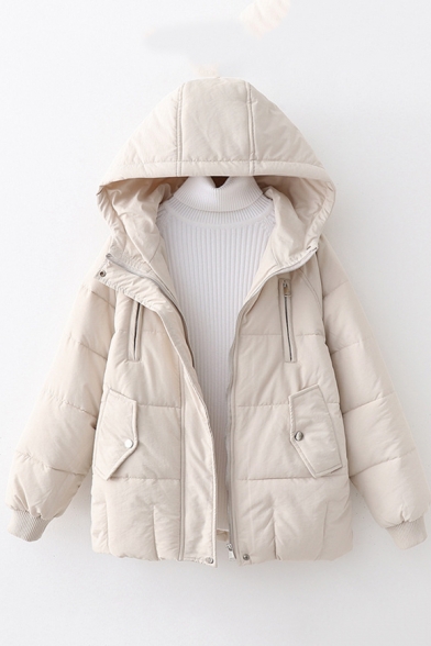 Winter's Warm Thick Simple Plain Fashion Zip-Embellished Long Sleeve Hooded Zip Cotton Padded Coat