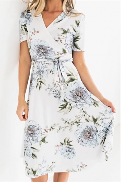 Women's Fashion Floral Printed Surplice V-Neck Short Sleeve Tied Waist Midi A-Line Dress