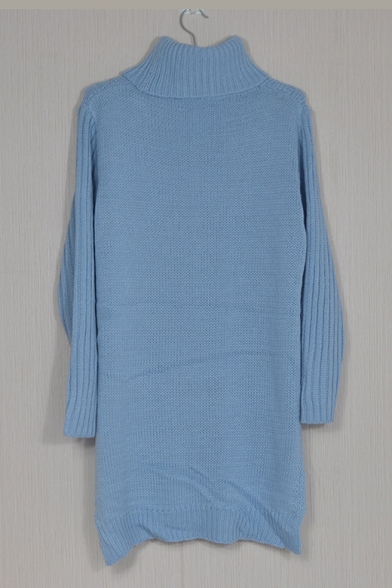 Women's Fashion Simple Plain Cable Knit Turtle Neck Long Sleeve Split Side Tunic Sweater