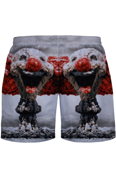 Cool 3D Mushroom Cloud Clown Print Elastic Waist Mesh-Panelled Men's White Swim Shorts