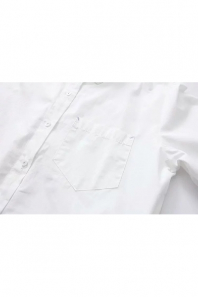 Cute Cartoon Cat Embroidered Collar Long Sleeve White Button Down Shirt