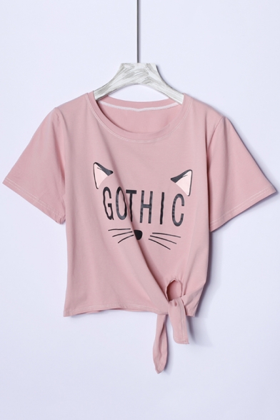 Cute Cartoon Cat Letter GOTHIC Printed Round Neck Short Sleeve Knotted Hem Cropped Cotton T-Shirt
