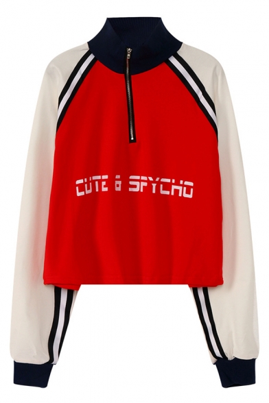 Fashion Half-Zip Stand Collar Long Sleeve Colorblock Letter Print Cropped Sweatshirt