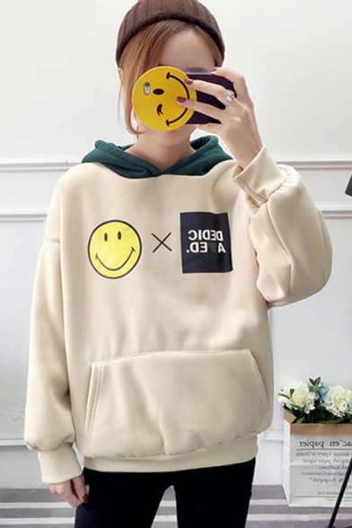 Fresh Long Sleeve Face Smile Letter Pattern Relaxed Hoodie